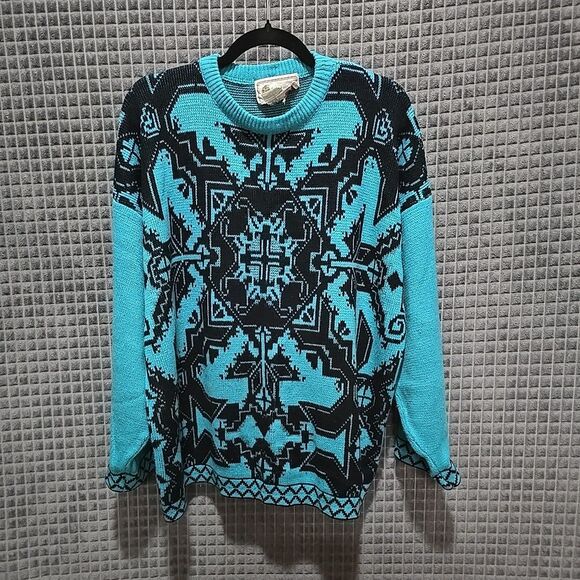 VTG OrganicallyGrown Blue Sweater Lg+ Oversized Snowflake Aztec Geometric 80s - Picture 1 of 9